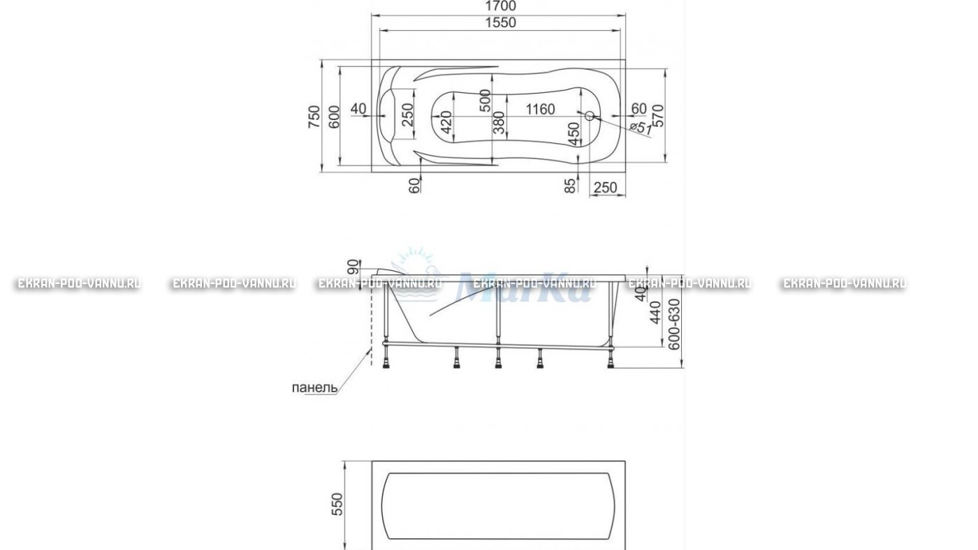 Акриловая ванна 1MarKa Calypso 170x75 – купить по цене 13950 руб. в интернет-магазине в городе Йошкар-Ола картинка 22